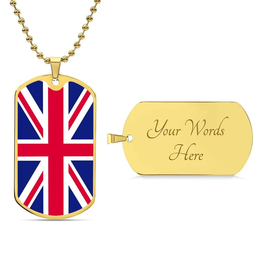 UK Flag Necklace Personalized Engraved Gold Dog Tag Necklace Custom Name Date G